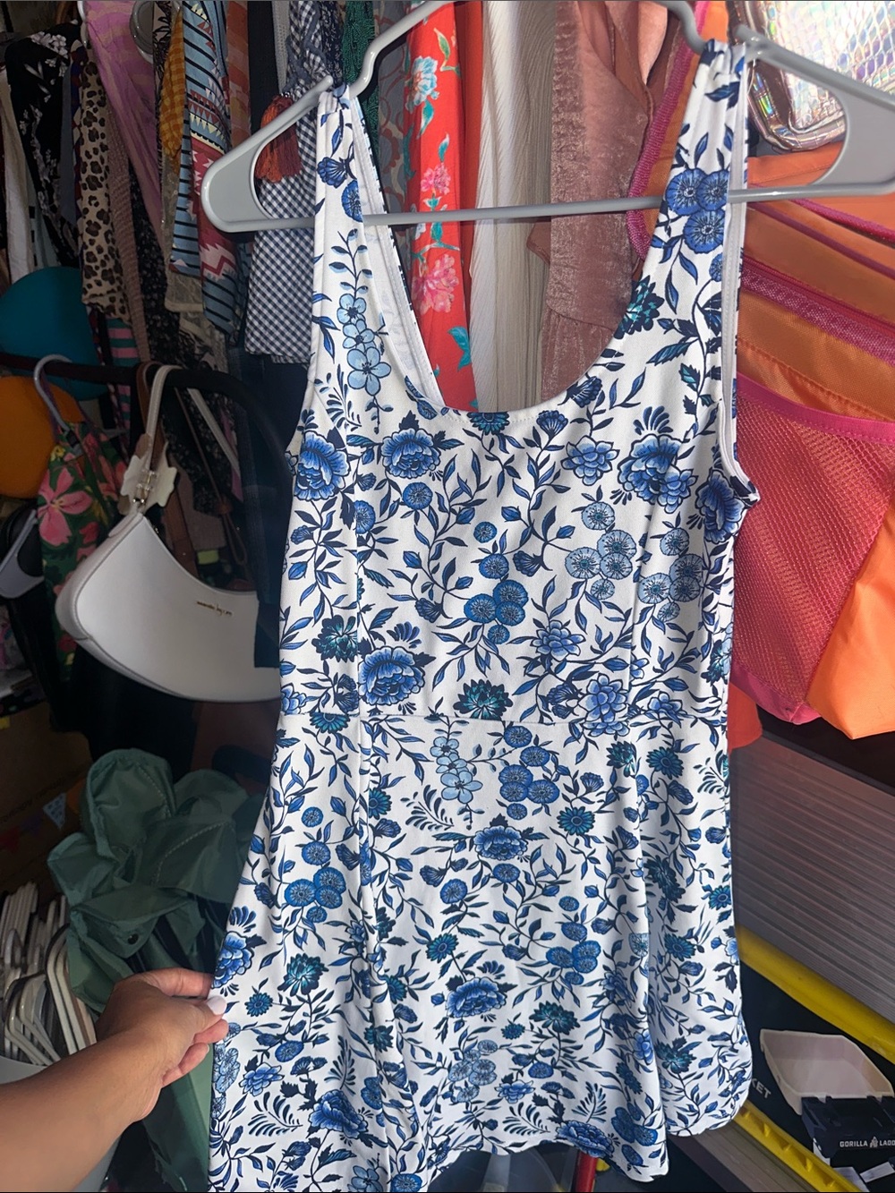 Divided White Dress with Blue Floral Print